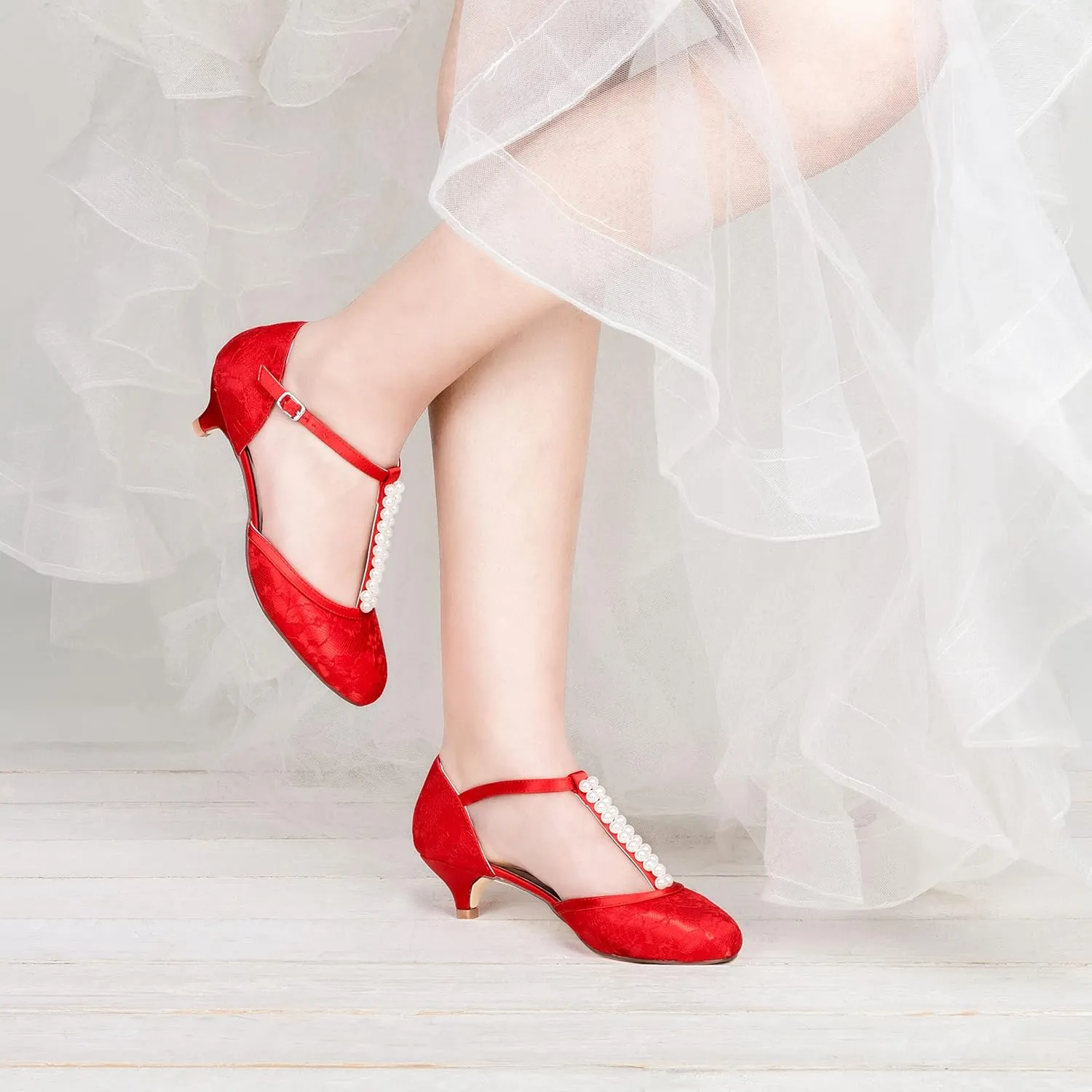 JIAJIA 01129 Women's Bridal Shoes Closed Toe T-Strap 1.8'' Low Heel Lace Satin Pumps Imitation Wedding Shoes