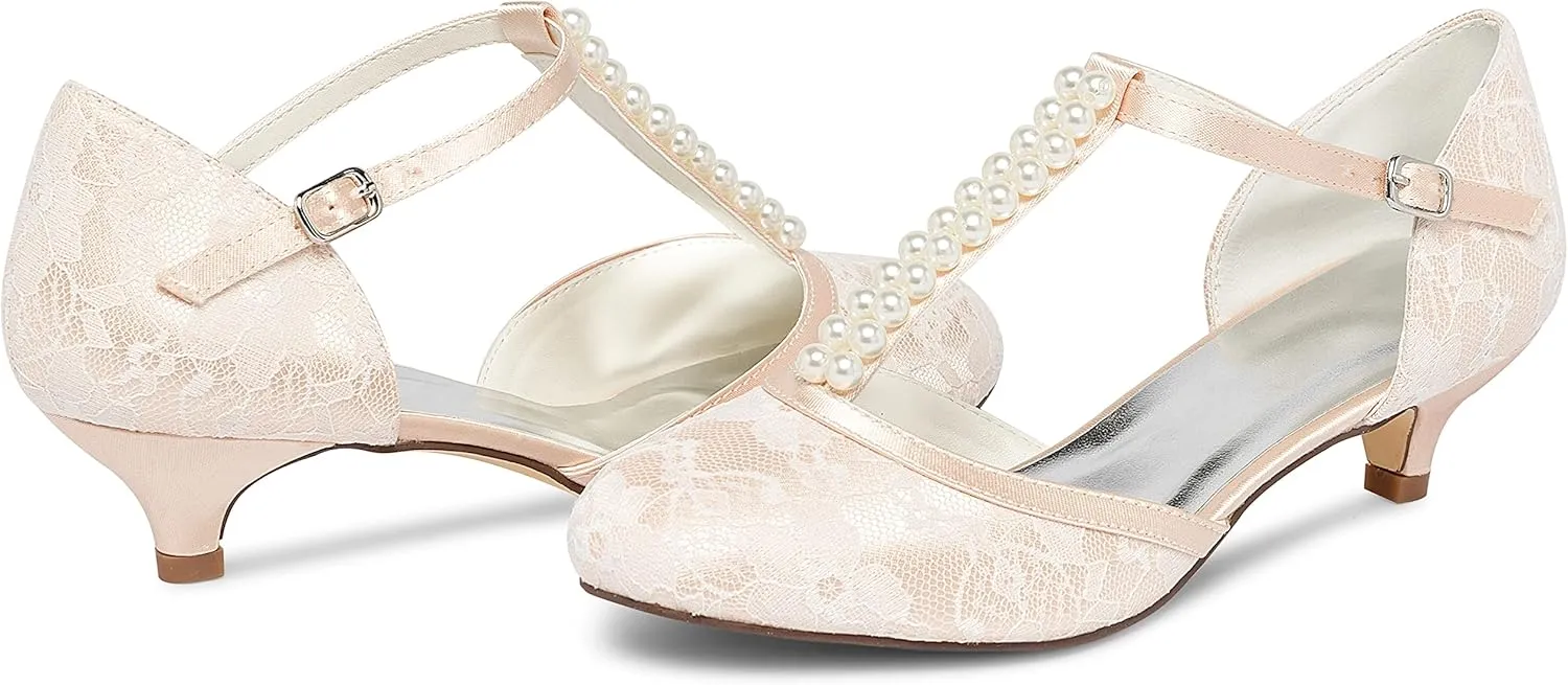 JIAJIA 01129 Women's Bridal Shoes Closed Toe T-Strap 1.8'' Low Heel Lace Satin Pumps Imitation Wedding Shoes
