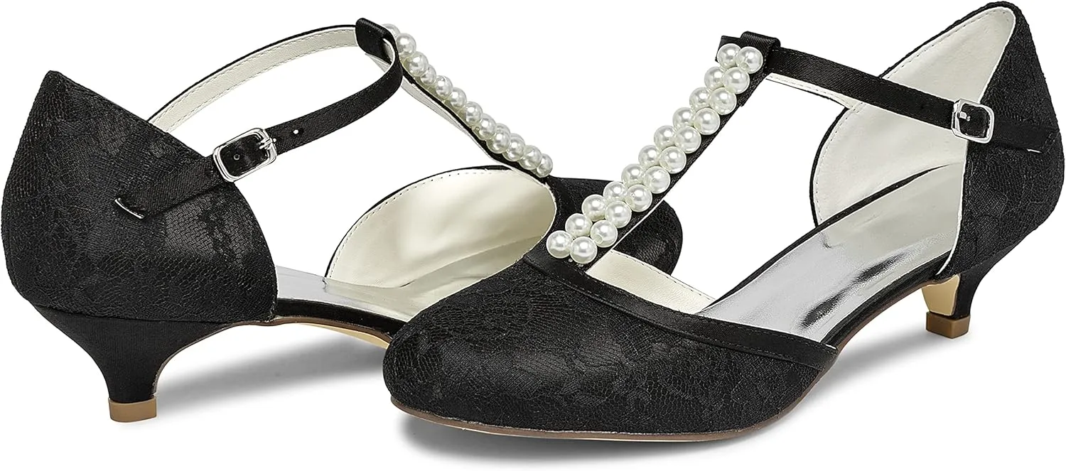 JIAJIA 01129 Women's Bridal Shoes Closed Toe T-Strap 1.8'' Low Heel Lace Satin Pumps Imitation Wedding Shoes
