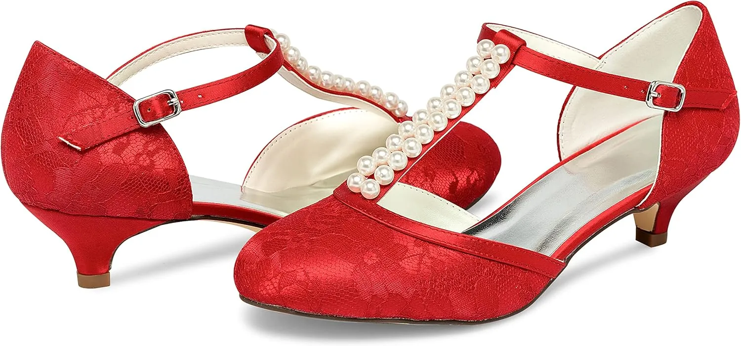 JIAJIA 01129 Women's Bridal Shoes Closed Toe T-Strap 1.8'' Low Heel Lace Satin Pumps Imitation Wedding Shoes