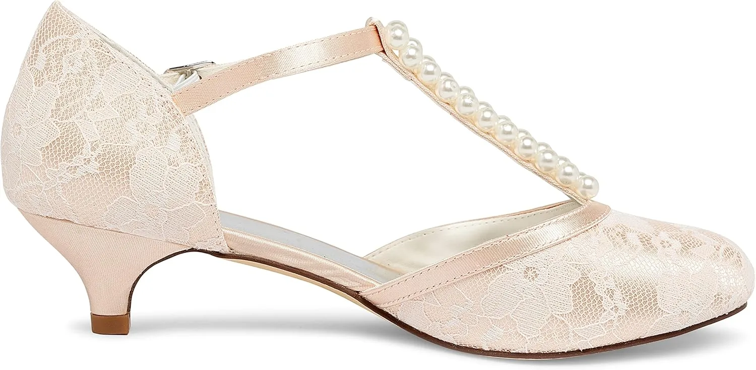 JIAJIA 01129 Women's Bridal Shoes Closed Toe T-Strap 1.8'' Low Heel Lace Satin Pumps Imitation Wedding Shoes