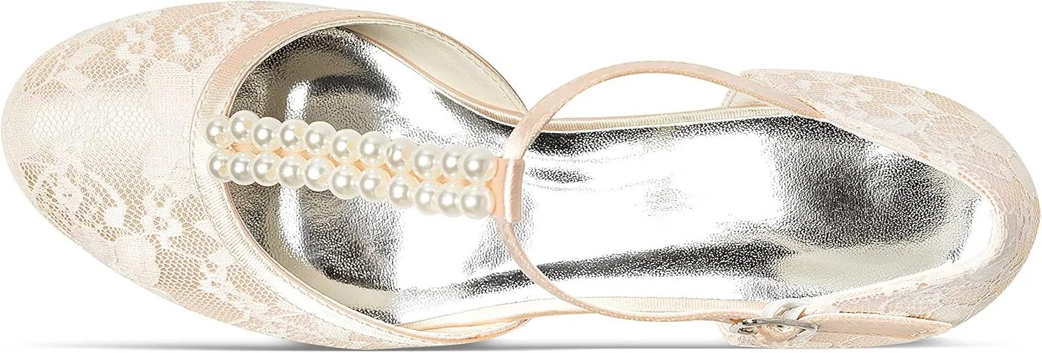 JIAJIA 01129 Women's Bridal Shoes Closed Toe T-Strap 1.8'' Low Heel Lace Satin Pumps Imitation Wedding Shoes
