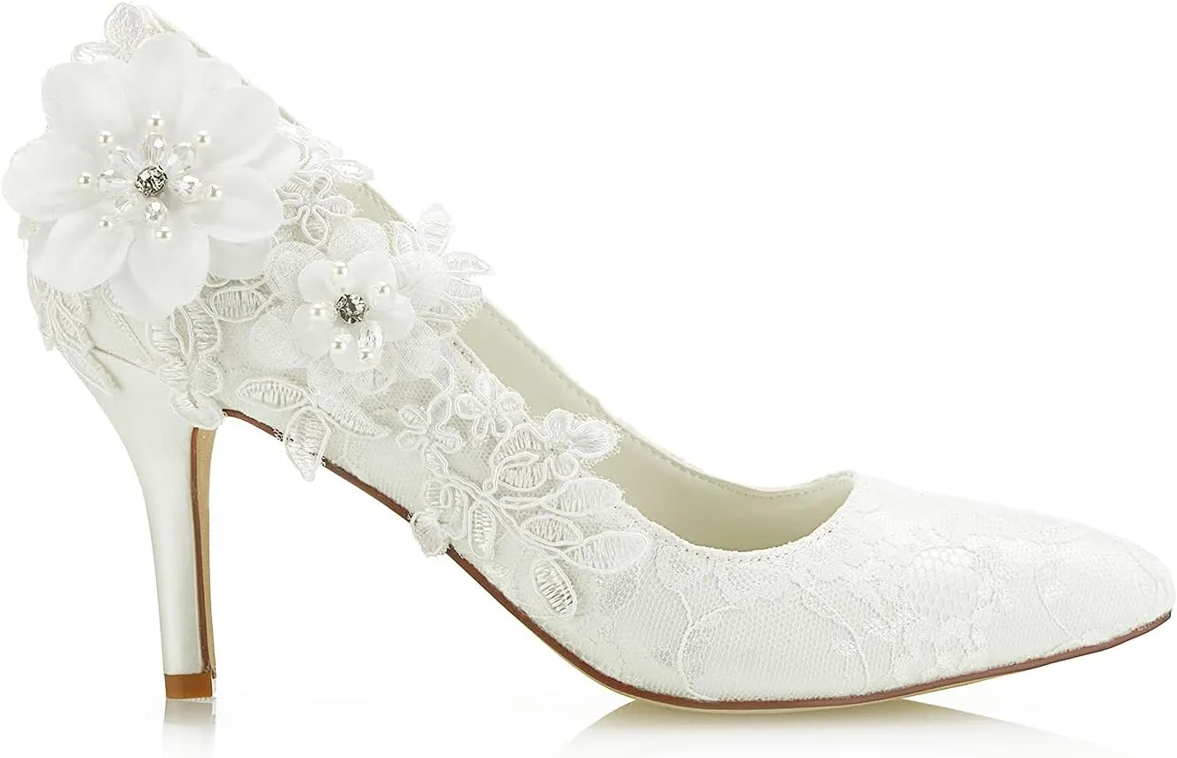 JIAJIA 1622 Women's Bridal Shoes Closed Toe 3.14" Stiletto Heel Lace Satin Pumps Satin Flower Imitation Pearl Wedding Shoes