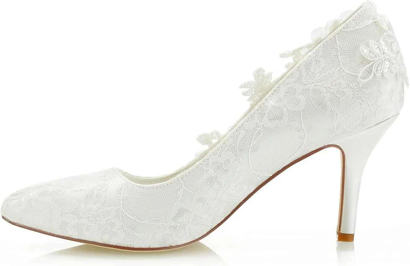 JIAJIA 1622 Women's Bridal Shoes Closed Toe 3.14" Stiletto Heel Lace Satin Pumps Satin Flower Imitation Pearl Wedding Shoes