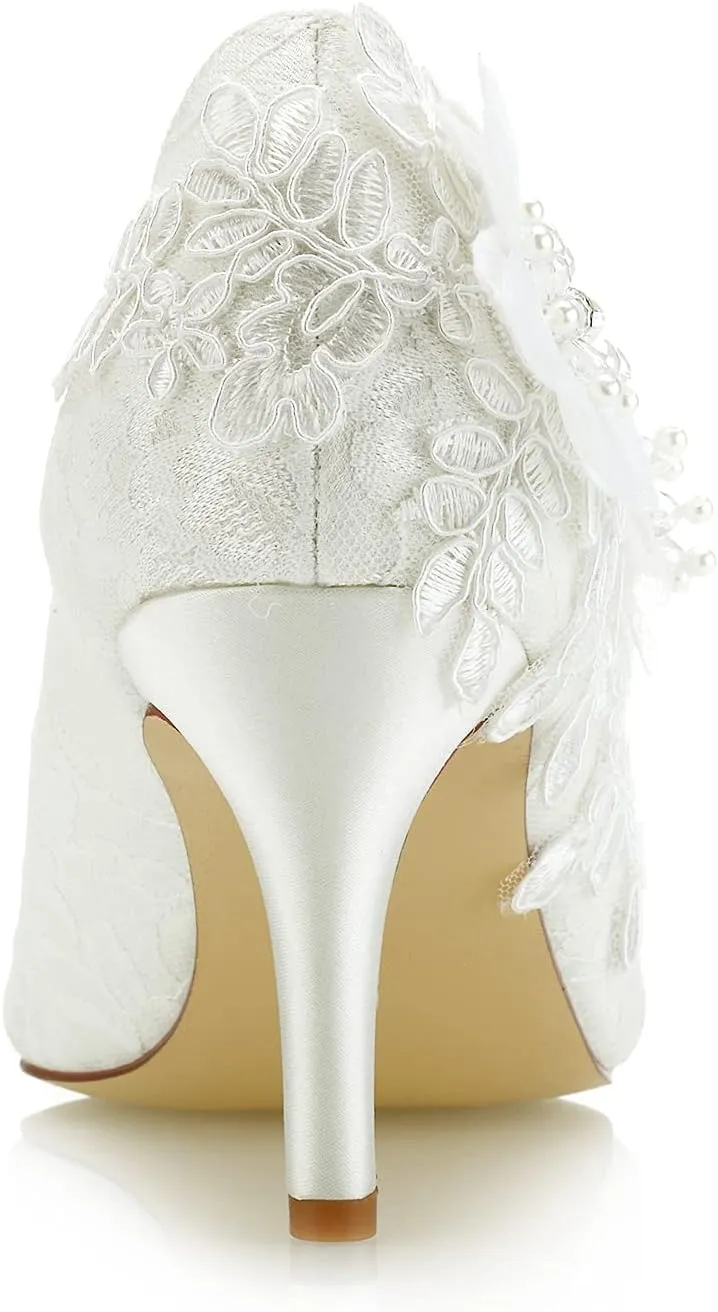 JIAJIA 1622 Women's Bridal Shoes Closed Toe 3.14" Stiletto Heel Lace Satin Pumps Satin Flower Imitation Pearl Wedding Shoes