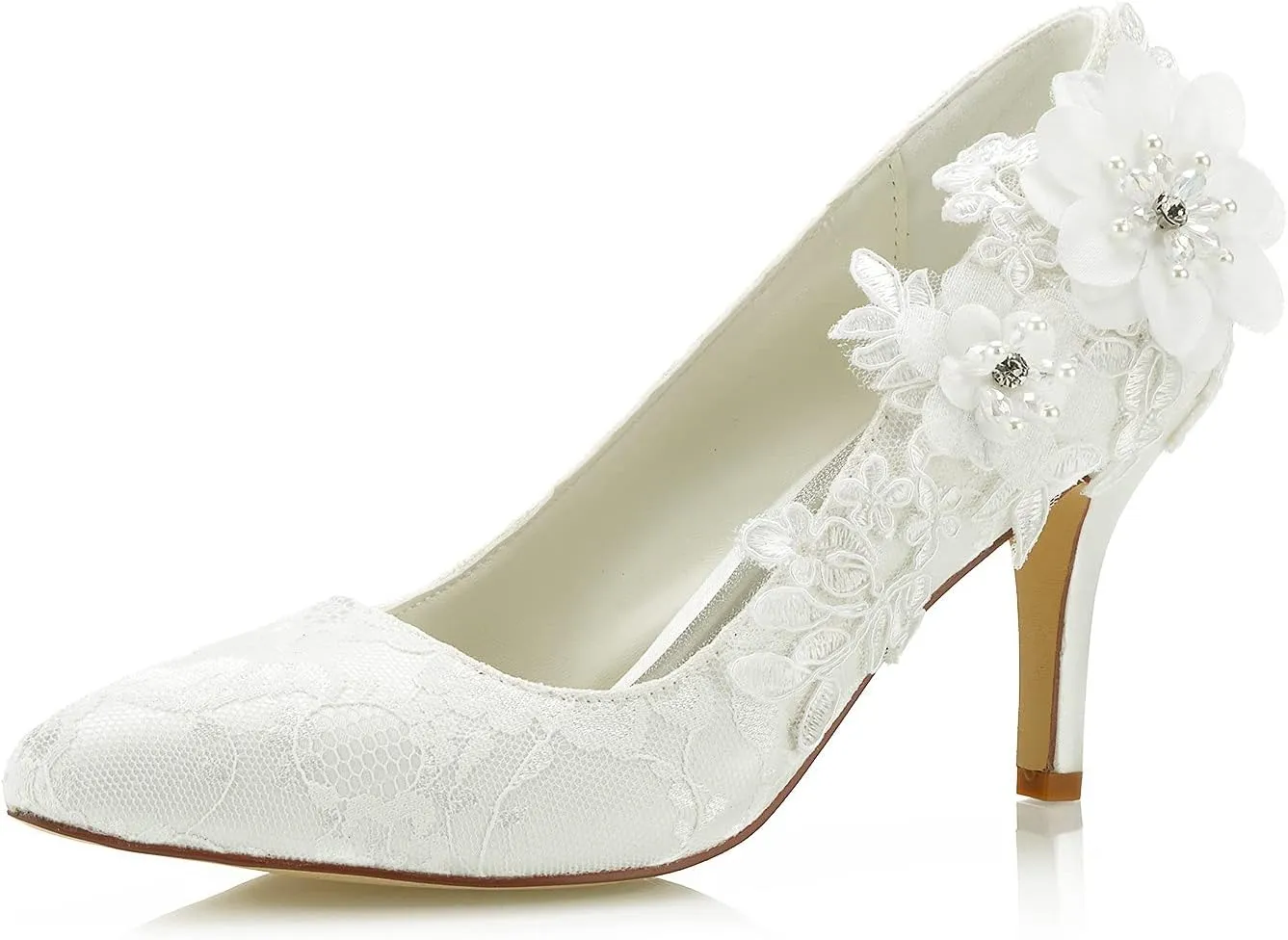 JIAJIA 1622 Women's Bridal Shoes Closed Toe 3.14" Stiletto Heel Lace Satin Pumps Satin Flower Imitation Pearl Wedding Shoes