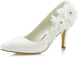 JIAJIA 1622 Women's Bridal Shoes Closed Toe 3.14" Stiletto Heel Lace Satin Pumps Satin Flower Imitation Pearl Wedding Shoes