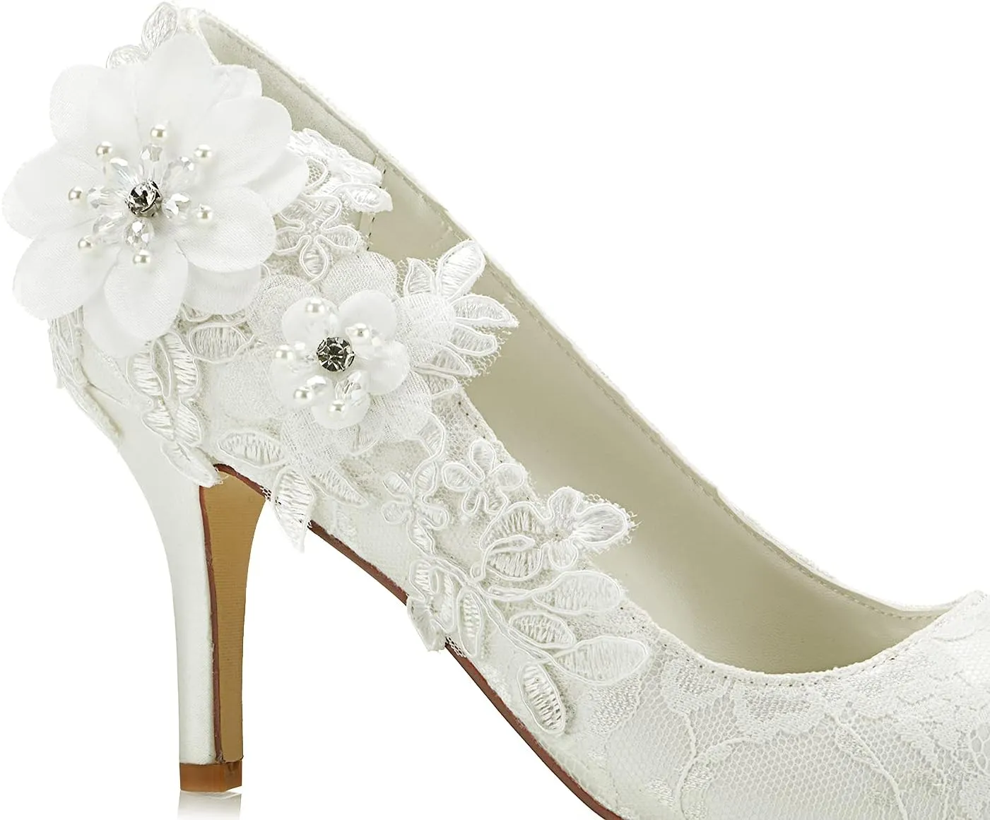 JIAJIA 1622 Women's Bridal Shoes Closed Toe 3.14" Stiletto Heel Lace Satin Pumps Satin Flower Imitation Pearl Wedding Shoes