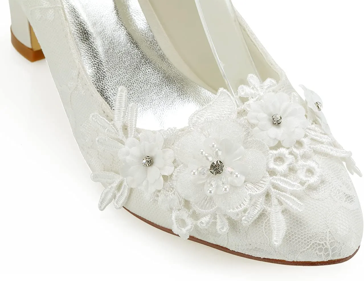 JIAJIA 62311B Women's Bridal Shoes Closed Toe 2.7" Chunky Heel Lace Satin Pumps Satin Flower Ribbon Tie Wedding Shoes