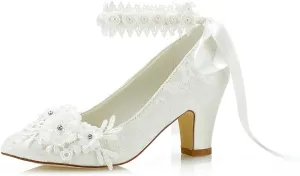 JIAJIA 62311B Women's Bridal Shoes Closed Toe 2.7" Chunky Heel Lace Satin Pumps Satin Flower Ribbon Tie Wedding Shoes