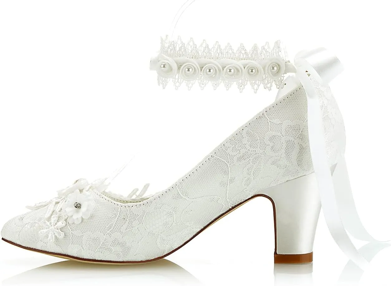 JIAJIA 62311B Women's Bridal Shoes Closed Toe 2.7" Chunky Heel Lace Satin Pumps Satin Flower Ribbon Tie Wedding Shoes