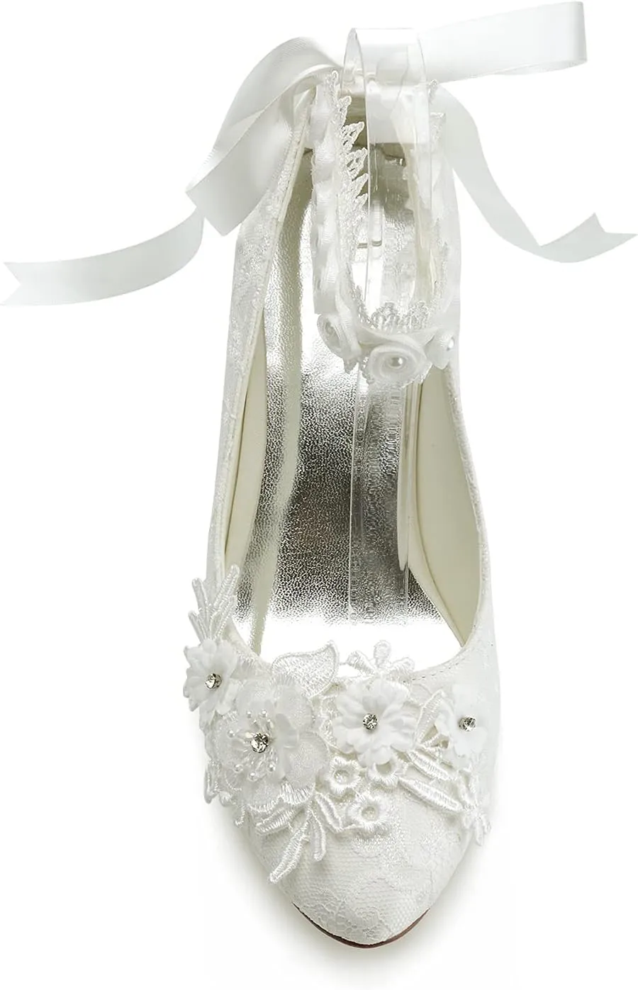 JIAJIA 62311B Women's Bridal Shoes Closed Toe 2.7" Chunky Heel Lace Satin Pumps Satin Flower Ribbon Tie Wedding Shoes