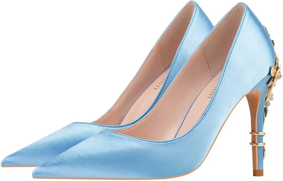 JOEupin High Heels Womens Pointed Toe Heels Satin Pumps Stiletto Bridal Party Dress Evening Wedding Shoes for Woman