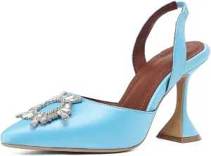 keleimusi Women's Satin Pumps High Heel Sandals Slip On Sexy Closed Toe Crystal Slingback Pumps Wedding Party Summer Shoes