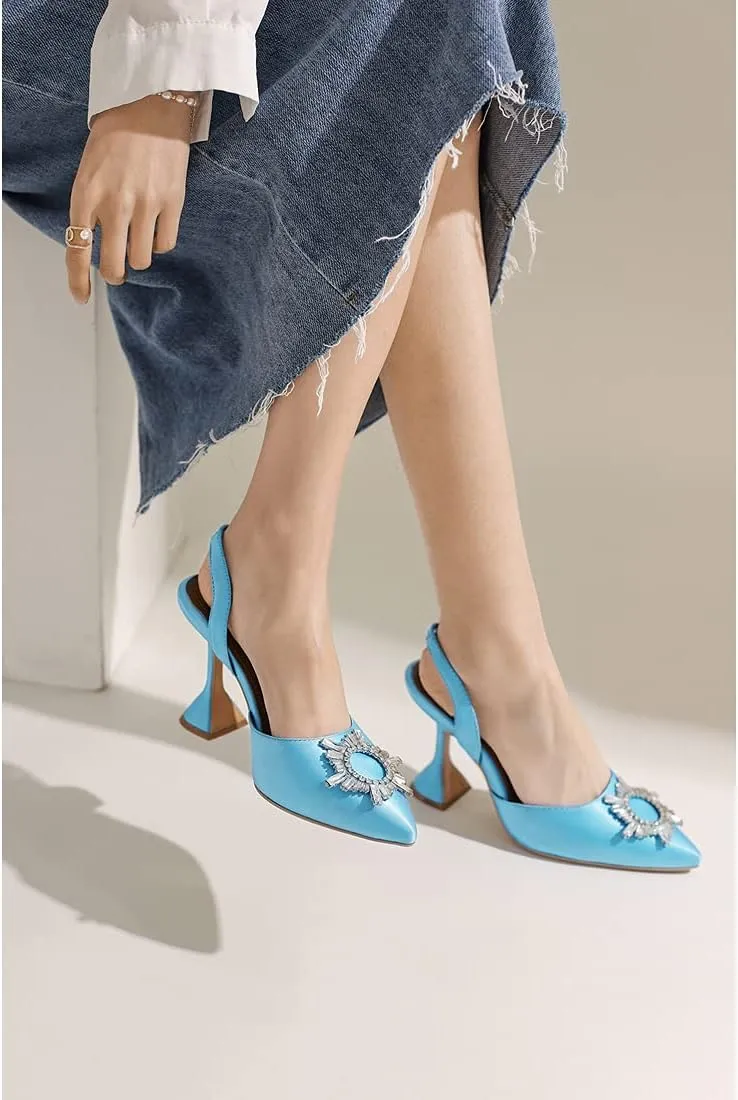 keleimusi Women's Satin Pumps High Heel Sandals Slip On Sexy Closed Toe Crystal Slingback Pumps Wedding Party Summer Shoes