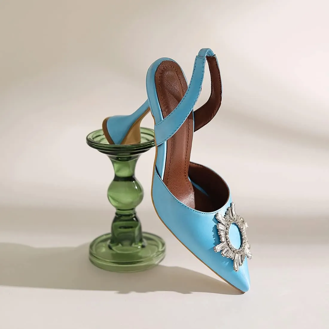 keleimusi Women's Satin Pumps High Heel Sandals Slip On Sexy Closed Toe Crystal Slingback Pumps Wedding Party Summer Shoes