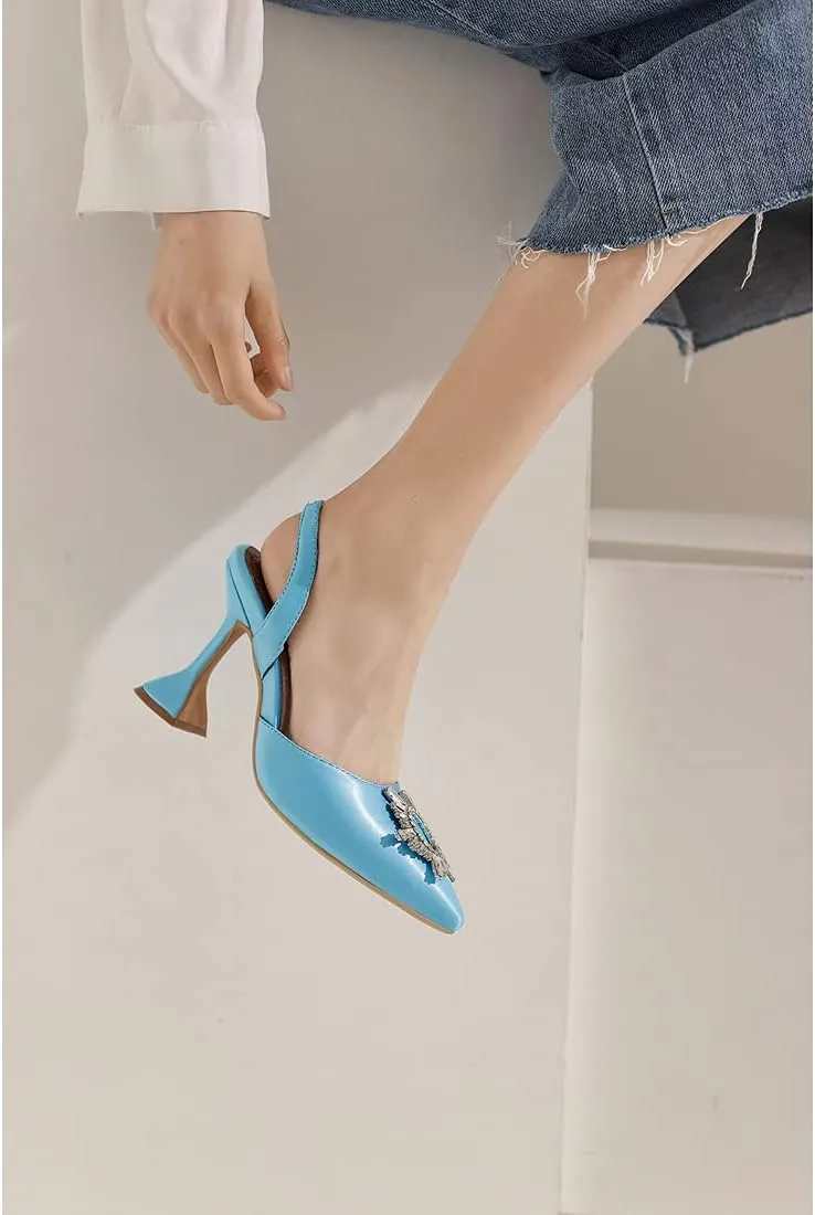 keleimusi Women's Satin Pumps High Heel Sandals Slip On Sexy Closed Toe Crystal Slingback Pumps Wedding Party Summer Shoes