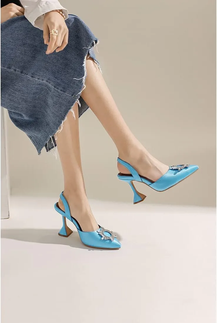 keleimusi Women's Satin Pumps High Heel Sandals Slip On Sexy Closed Toe Crystal Slingback Pumps Wedding Party Summer Shoes