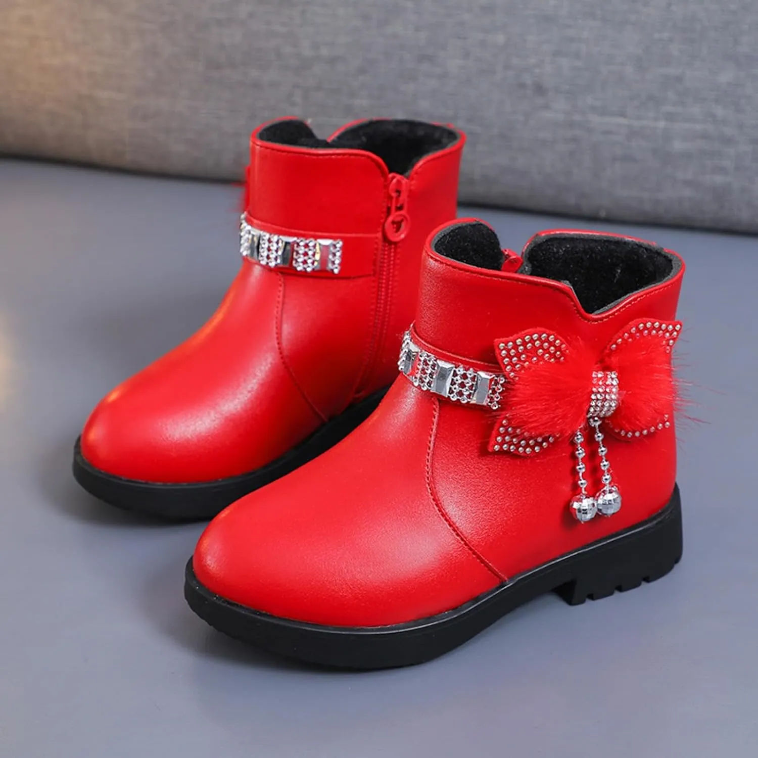 Kids Ankle Boots for Girls Side Zipper Round Toe Casual Short Booties Short Glitter Side Zipper Casual Shoes