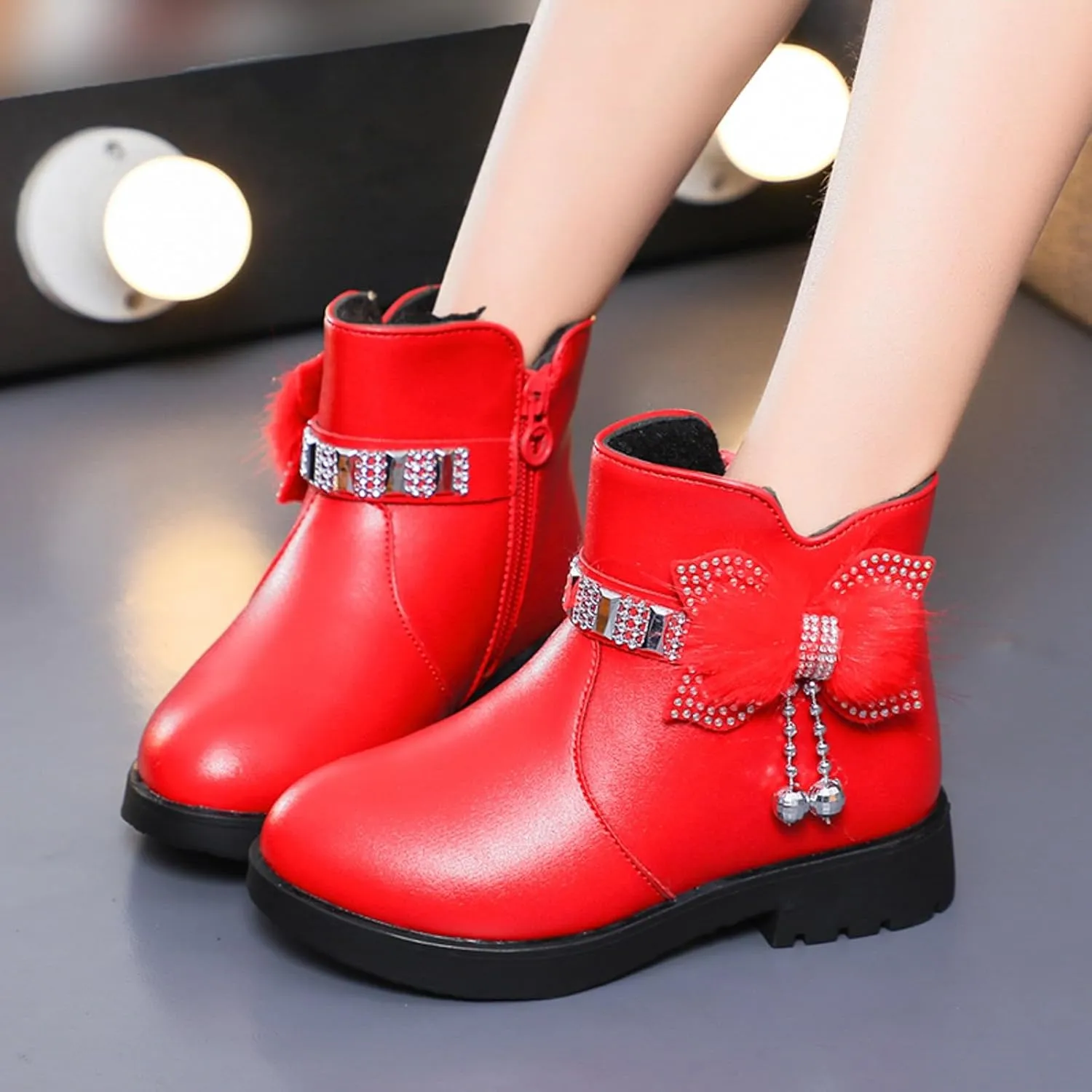 Kids Ankle Boots for Girls Side Zipper Round Toe Casual Short Booties Short Glitter Side Zipper Casual Shoes