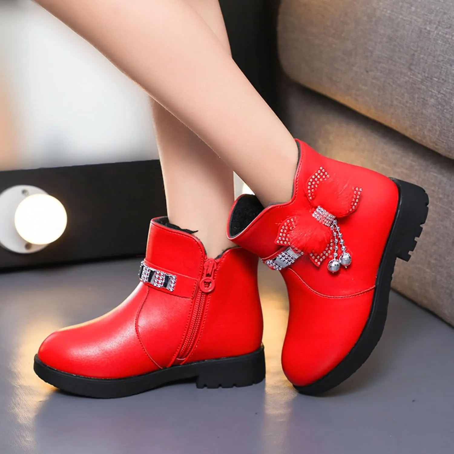 Kids Ankle Boots for Girls Side Zipper Round Toe Casual Short Booties Short Glitter Side Zipper Casual Shoes