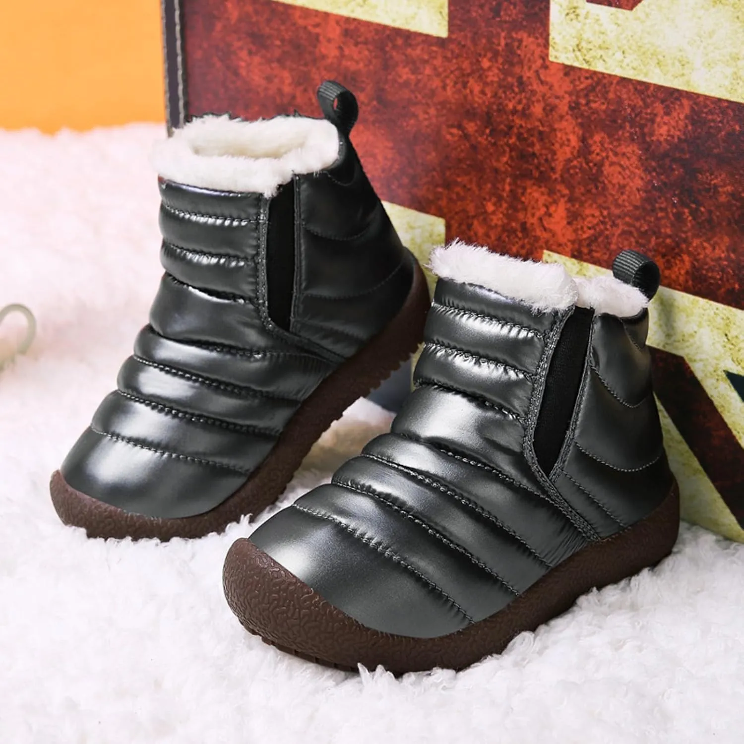 Kids Snow Boots for Boys Girls Cozy Fleece Snow Boots Kids Ankle Booties Non-Slip Zip Snow Boots for Indoor Outdoor