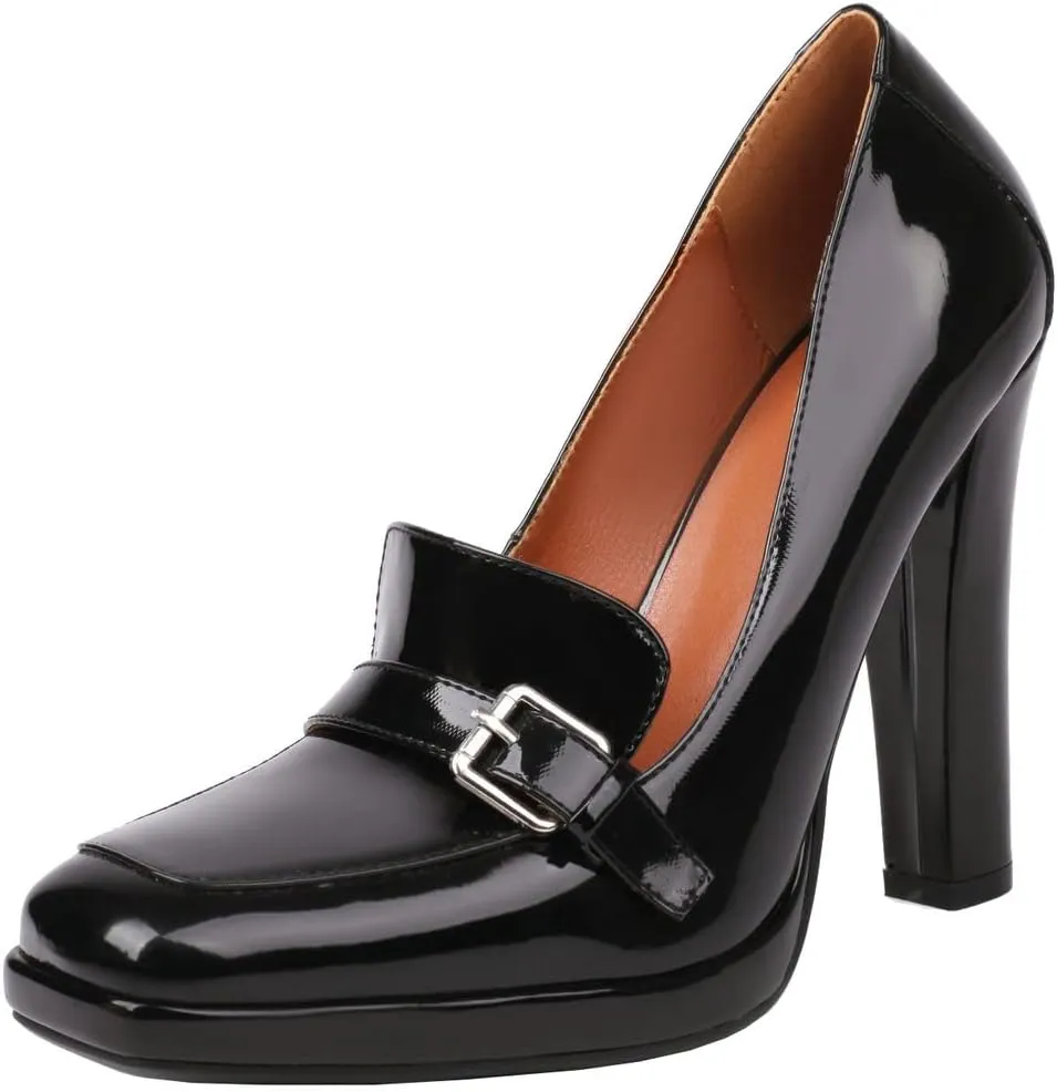 KISSASA Womens Chunky High Heel Patent Leather Loafers Square Toe Block Heel Pumps