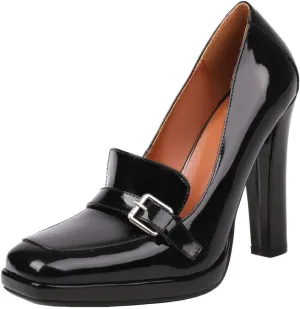 KISSASA Womens Chunky High Heel Patent Leather Loafers Square Toe Block Heel Pumps