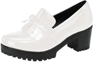 KISSASA Womens Tassel Heeled Platform Patent Leather Loafers Fringe Chunky Uniform Dress Shoes