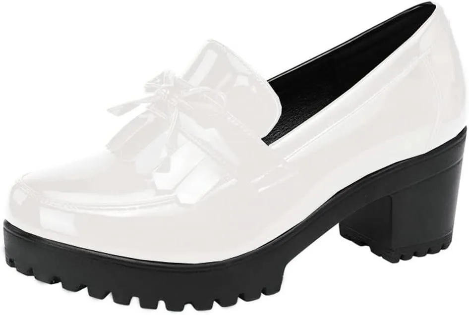 KISSASA Womens Tassel Heeled Platform Patent Leather Loafers Fringe Chunky Uniform Dress Shoes