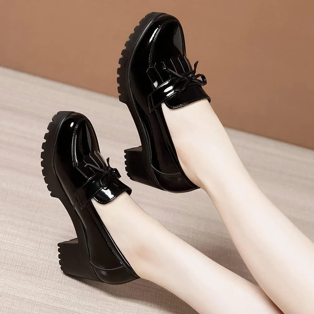 KISSASA Womens Tassel Heeled Platform Patent Leather Loafers Fringe Chunky Uniform Dress Shoes