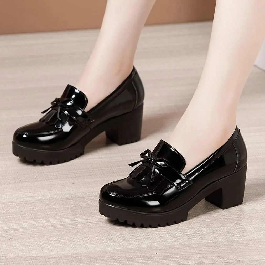 KISSASA Womens Tassel Heeled Platform Patent Leather Loafers Fringe Chunky Uniform Dress Shoes