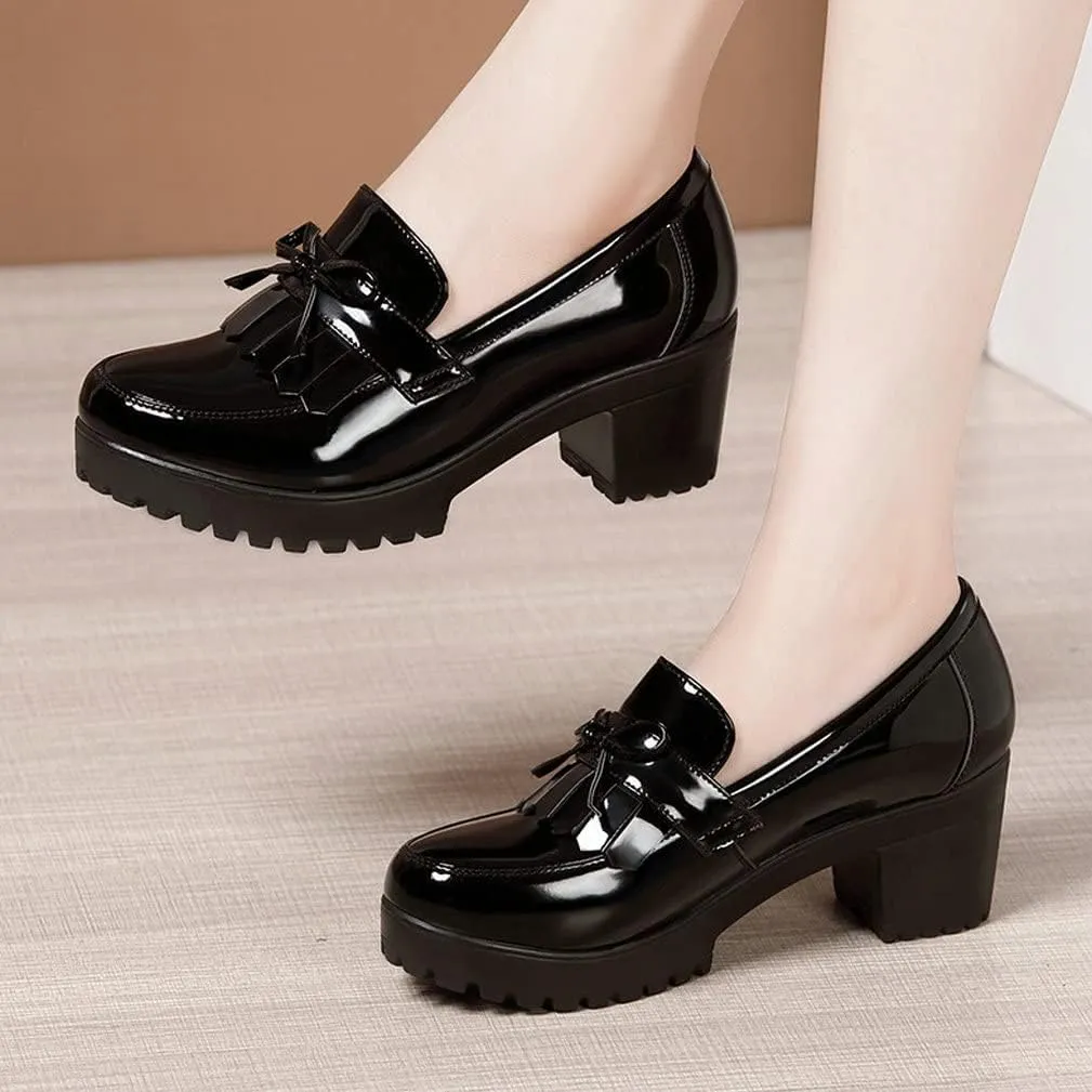 KISSASA Womens Tassel Heeled Platform Patent Leather Loafers Fringe Chunky Uniform Dress Shoes