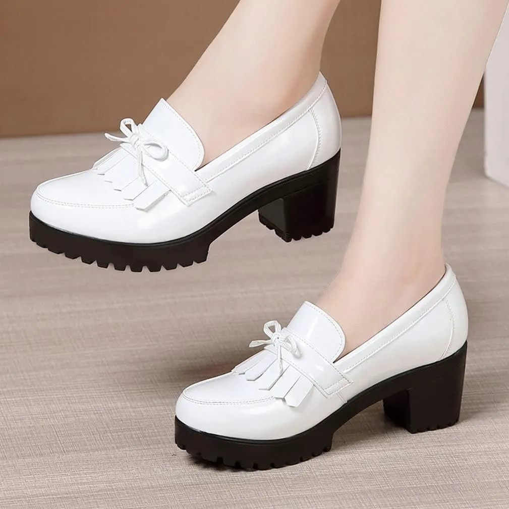 KISSASA Womens Tassel Heeled Platform Patent Leather Loafers Fringe Chunky Uniform Dress Shoes