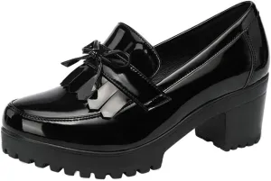 KISSASA Womens Tassel Heeled Platform Patent Leather Loafers Fringe Chunky Uniform Dress Shoes