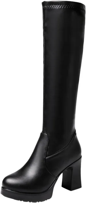Knee High Boots for Women Platform Boots for Women Tall Leather Boots Chunky Heel Side Zipper Long Stretch Boot