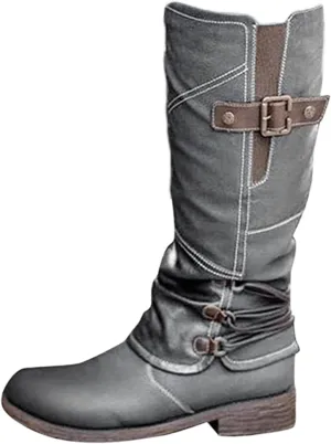 Knee High Boots Women Wide Calf Flat Heel Square Toe Motorcycle Boots Fashion Buckles Biker Riding Mid Calf Boots