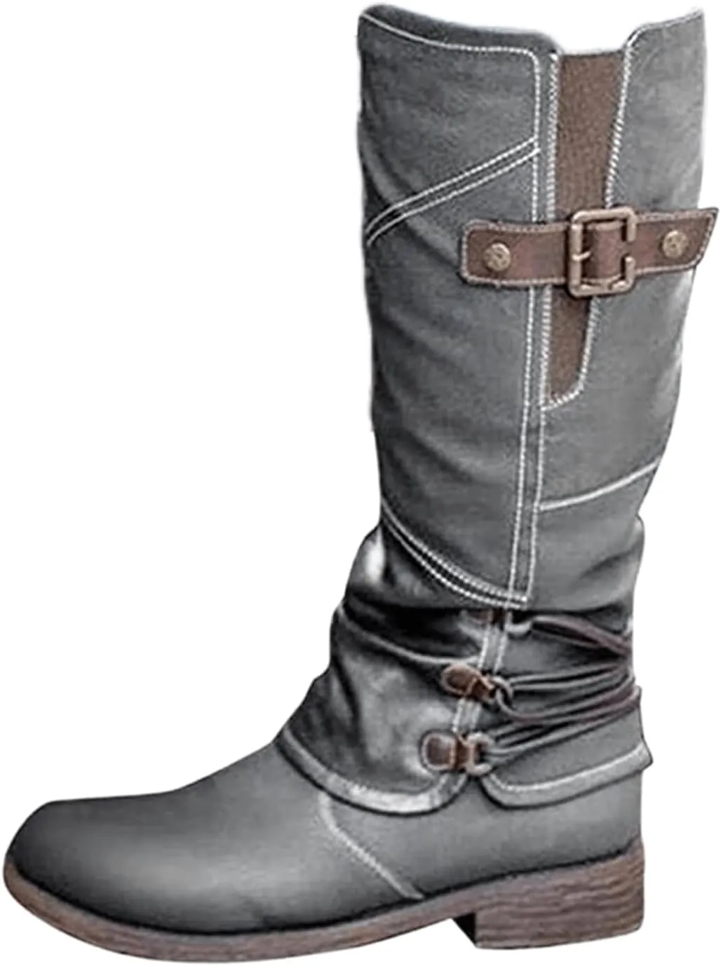 Knee High Boots Women Wide Calf Flat Heel Square Toe Motorcycle Boots Fashion Buckles Biker Riding Mid Calf Boots