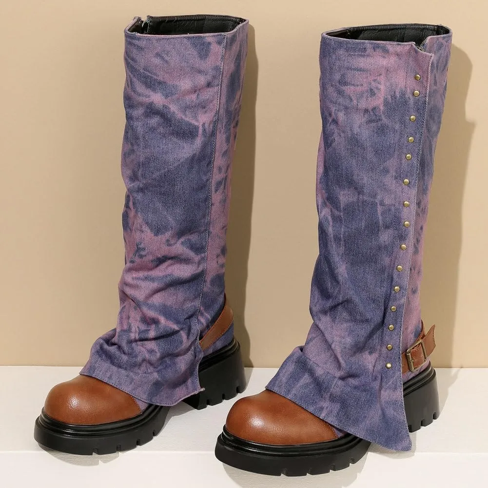 KOKOMOMO Fold Over Boots Denim Chunky Heel Knee High Platform Boots Goth Combat Boots