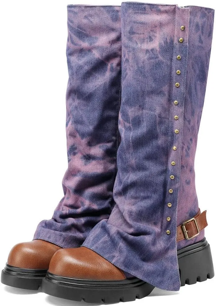 KOKOMOMO Fold Over Boots Denim Chunky Heel Knee High Platform Boots Goth Combat Boots