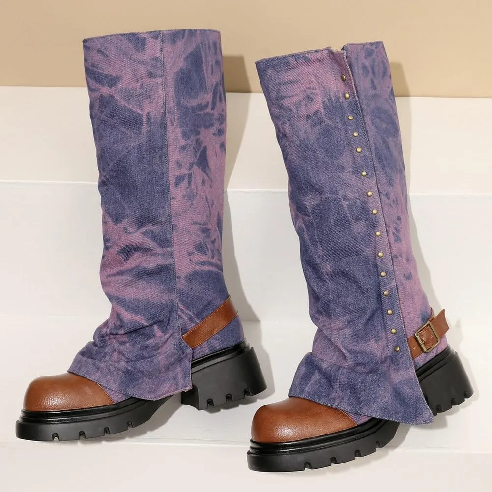 KOKOMOMO Fold Over Boots Denim Chunky Heel Knee High Platform Boots Goth Combat Boots