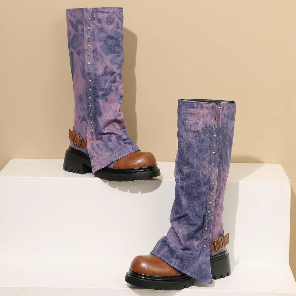 KOKOMOMO Fold Over Boots Denim Chunky Heel Knee High Platform Boots Goth Combat Boots