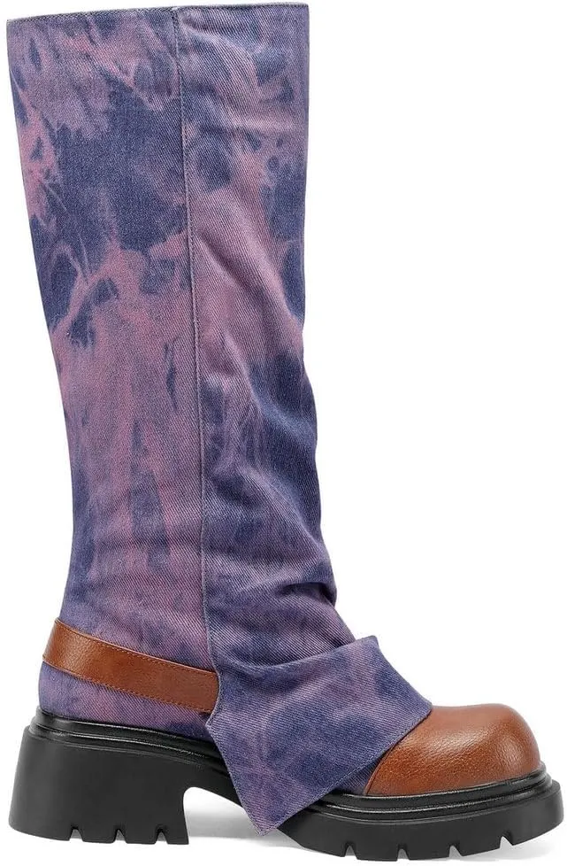 KOKOMOMO Fold Over Boots Denim Chunky Heel Knee High Platform Boots Goth Combat Boots