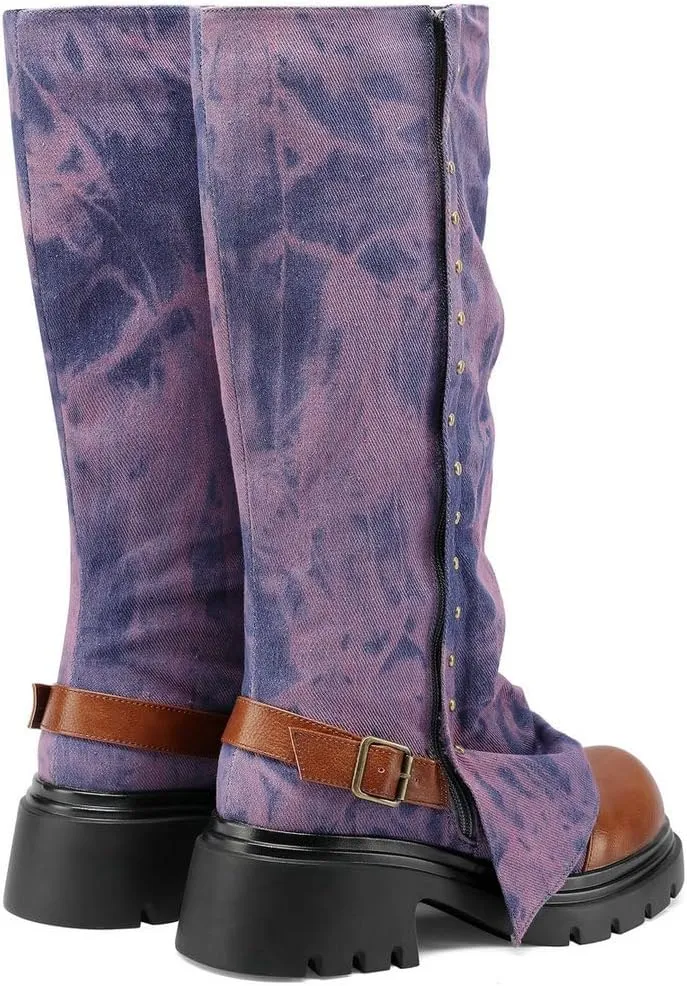 KOKOMOMO Fold Over Boots Denim Chunky Heel Knee High Platform Boots Goth Combat Boots