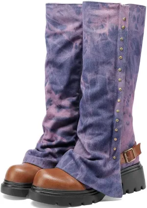 KOKOMOMO Fold Over Boots Denim Chunky Heel Knee High Platform Boots Goth Combat Boots