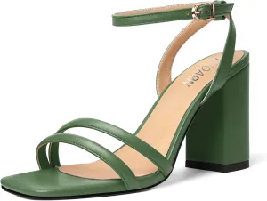 KUOARN Womens Buckle Matte Dress Evening Ankle Strap Square Toe Block High Heel Heeled Sandals 3.3 Inch