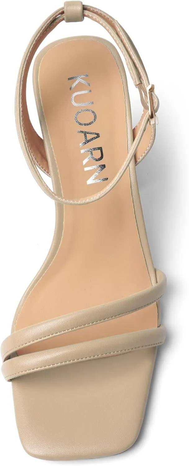 KUOARN Womens Buckle Matte Dress Evening Ankle Strap Square Toe Block High Heel Heeled Sandals 3.3 Inch