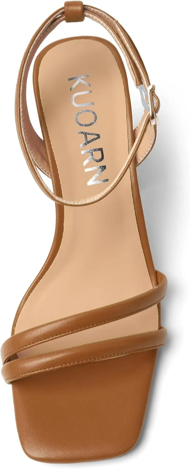 KUOARN Womens Buckle Matte Dress Evening Ankle Strap Square Toe Block High Heel Heeled Sandals 3.3 Inch