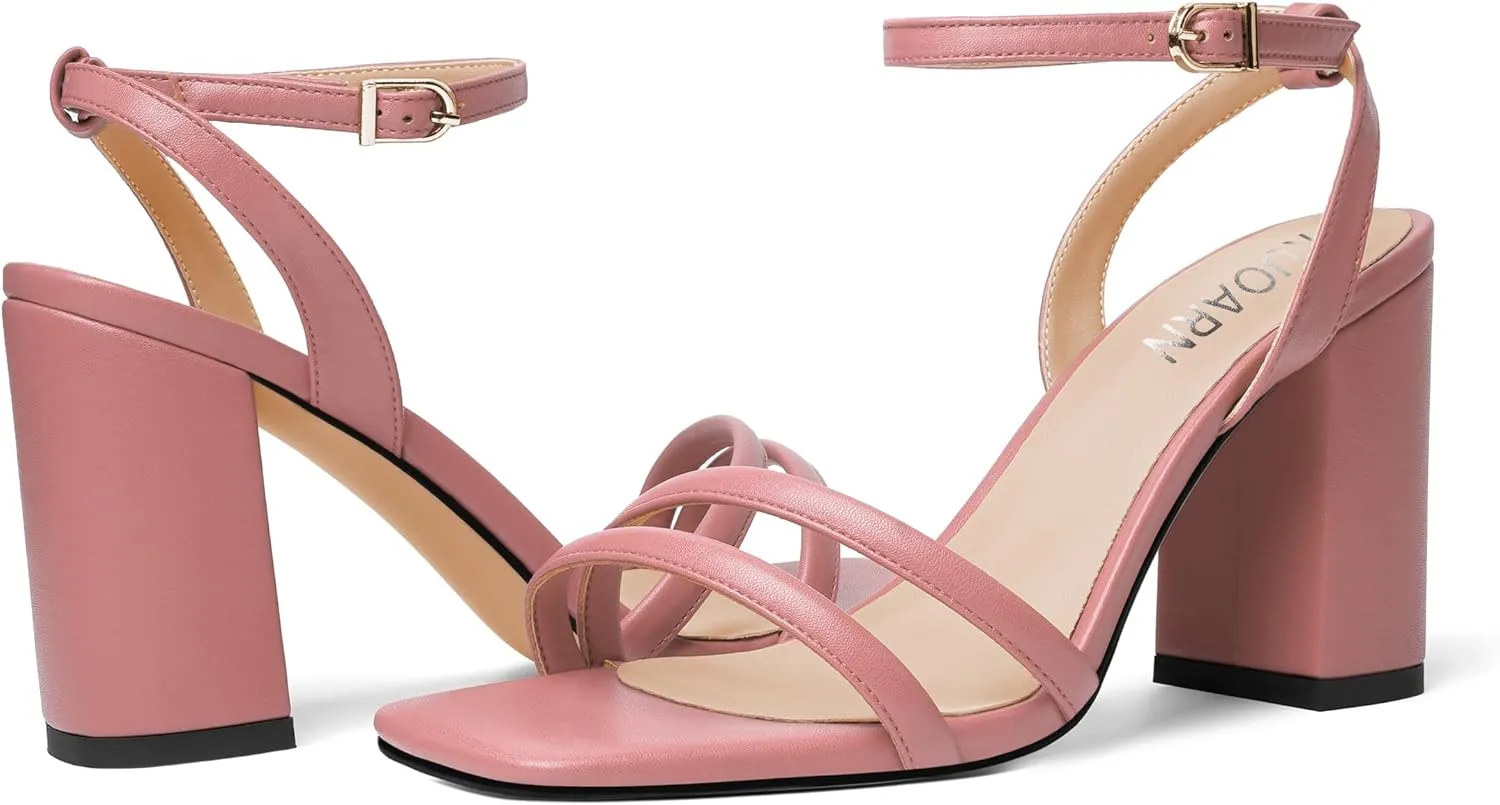 KUOARN Womens Buckle Matte Dress Evening Ankle Strap Square Toe Block High Heel Heeled Sandals 3.3 Inch