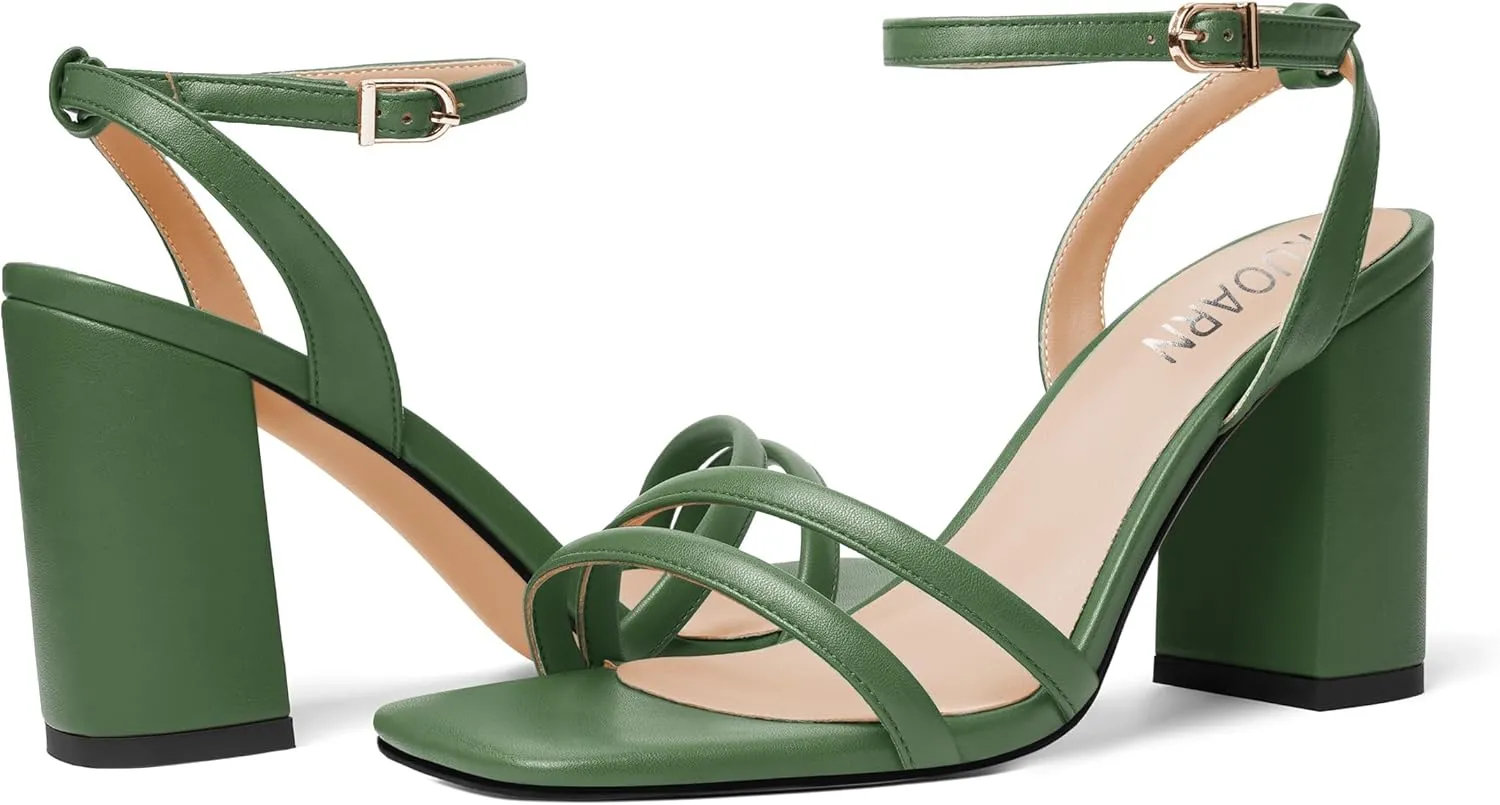 KUOARN Womens Buckle Matte Dress Evening Ankle Strap Square Toe Block High Heel Heeled Sandals 3.3 Inch